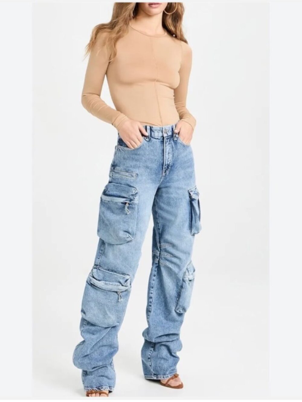 Good American Cargo Jeans Size 0/25 Light Wash Wide Leg Utility Denim